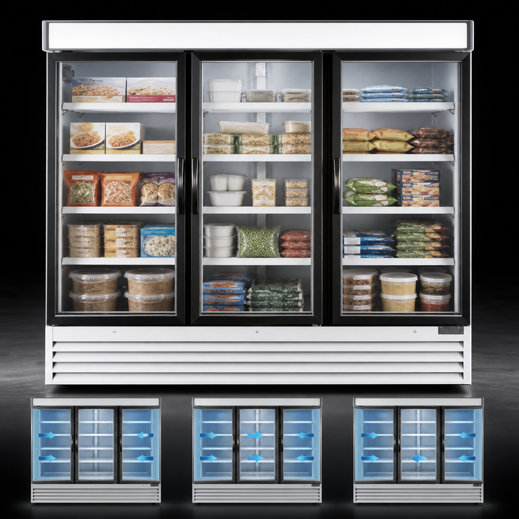 Product image #4 for Maxx Cold X-Series 3-Section Glass Door Freezer Merchandiser with Triple-Pane Self-Closing Doors, 72 Cu. Ft.