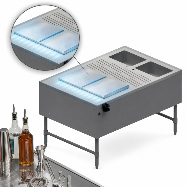 Product image #4 for BK Resources Standard Pass-Thru Underbar Ice Bin Cocktail Station with Dual Dump Sinks and 10-Circuit Cold Plate