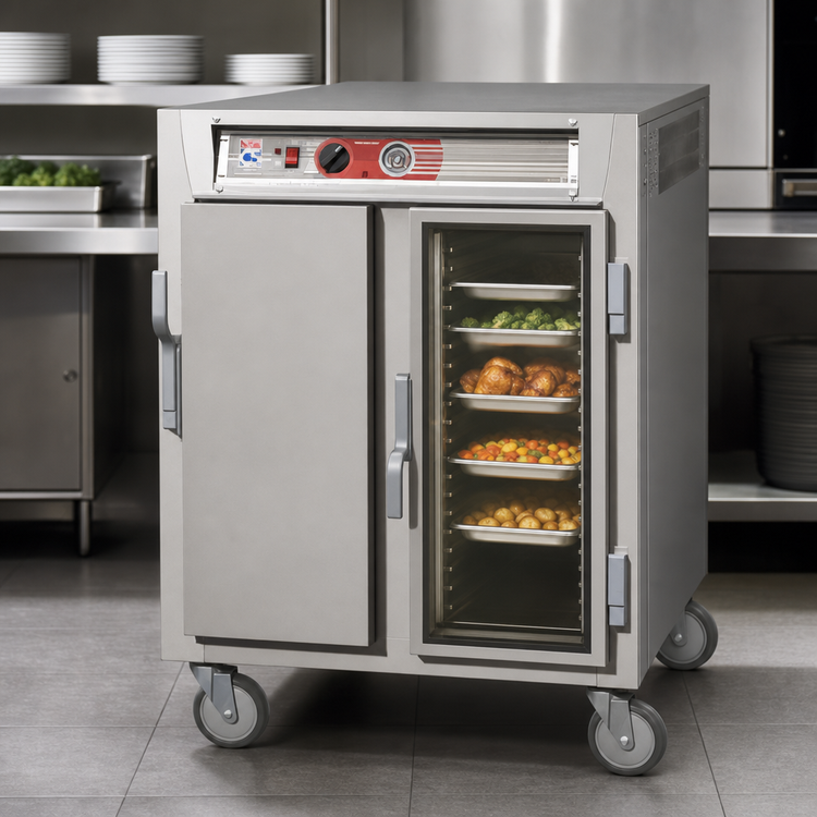 Product image #4 for Metro C5 6 Series Mobile Half-Height Pass-Thru Heated Holding Cabinet with One Solid and One Double-Pane Tempered Glass Door