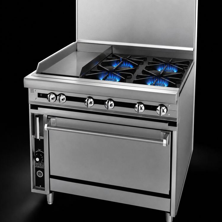 Product image #4 for Titan JTRH-12G-4-36 36" Heavy Duty Gas Restaurant Range with 4 Open Burners, 12" Griddle, and Standard Oven