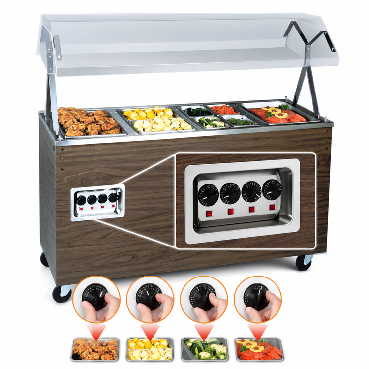 Product image #4 for Vollrath 2-Series Affordable Portable 4-Well Mobile Hot Food Station with Buffet Breath Guard, Enclosed Storage Base, Cherry Woodgrain, 120V