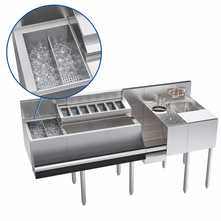 Product image #5 for Krowne Royal Series Single Zero-Step Refrigerated Speed Station with 10-Circuit Cold Plate, Sink, Glass Rinser, and Speedrail