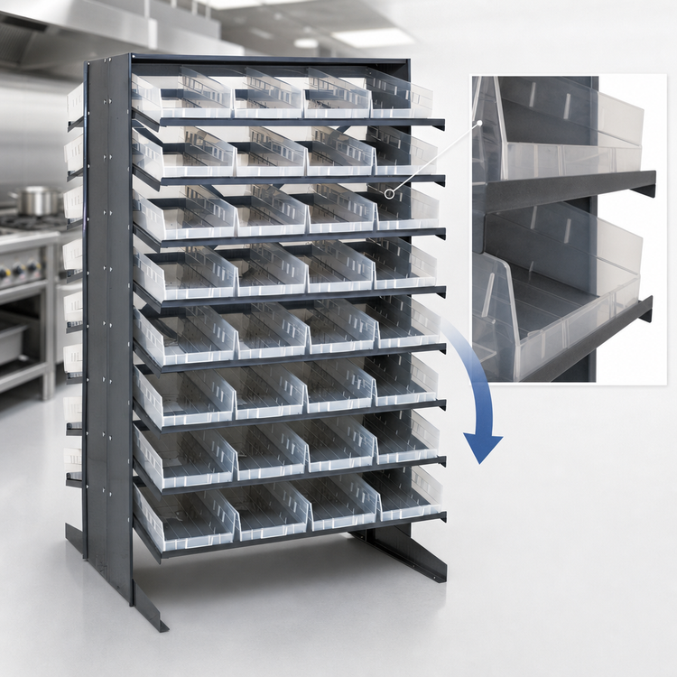 Product image #4 for Quantum Double-Sided Sloped Pick Rack with 16 Shelves and 64 Clear Bins, 36 x 36 x 60 Inches