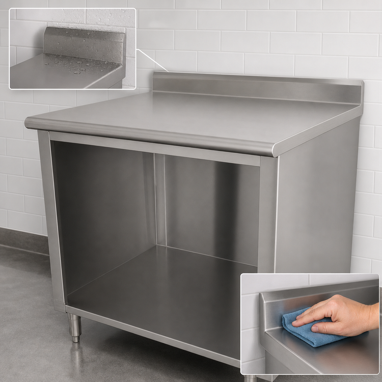 Product image #4 for Advance Tabco 108" x 30" 14-Gauge 304 Stainless Steel Work Table with 5" Backsplash and Open Front Cabinet Base