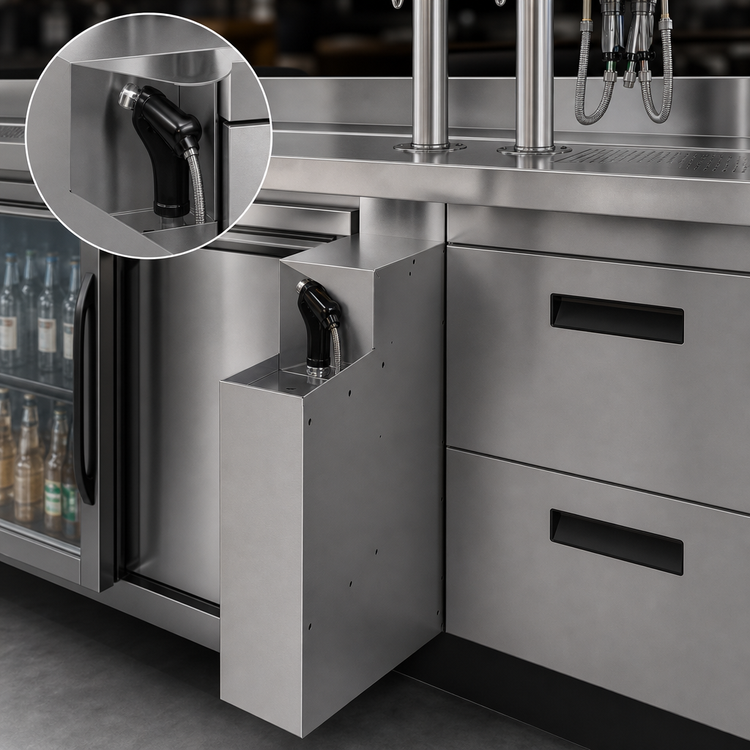Product image #4 for Glastender Extra Deep Stainless Steel Underbar Soda Gun Holder with Integral Drip Pan, 6W x 24D x 25H