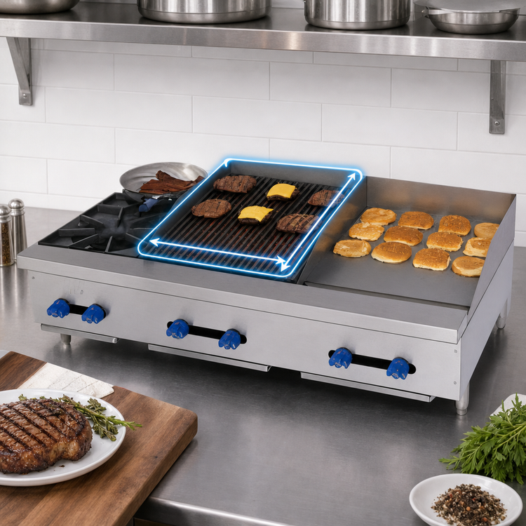Product image #4 for Comstock-Castle 48-Inch Countertop Gas Char-Broiler/Griddle Combination, 30 x 21 Broiler, 18 x 21 Griddle, Lava Rock, 116,000 BTU