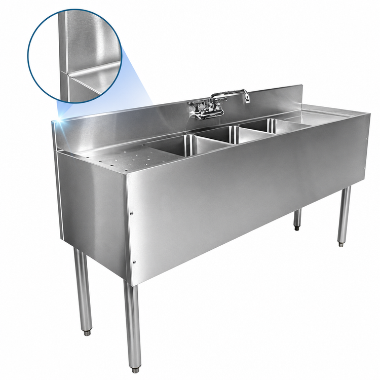 Product image #4 for CHOICE Four-Compartment Underbar Sink Unit, 48 Inch W x 19 Inch D, 4 Inch Backsplash