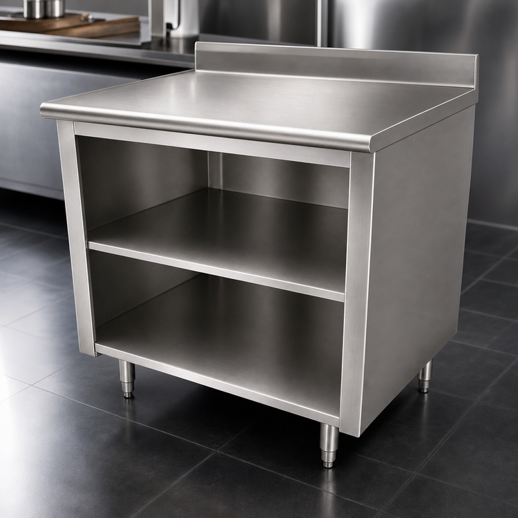 Product image #4 for Advance Tabco 84-Inch x 24-Inch 14-Gauge 304 Stainless Steel Work Table with Open Front Cabinet Base, Mid-Shelf, and 5-Inch Backsplash