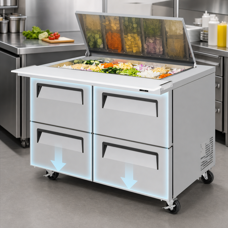 Product image #4 for Turbo Air Super Deluxe 48-1/4-Inch Wide Two-Section Mega Top Sandwich/Salad Prep Table with Flat Lid, 18-Pan Opening, and 4 Drawers