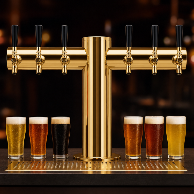 Product image #4 for Metropolis T-Style Countertop Glycol-Cooled Draft Beer Tower with 6 Faucets and PVD Brass Finish