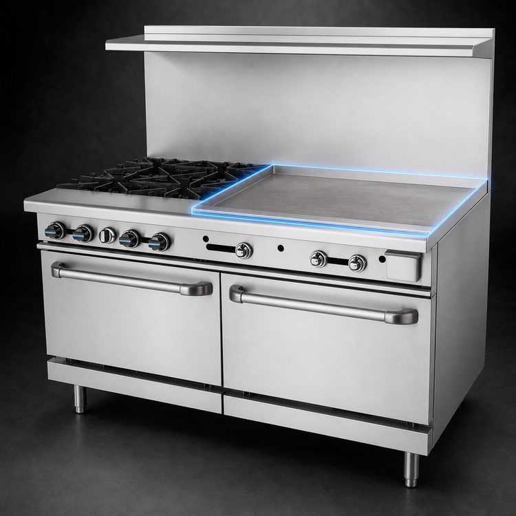Product image #4 for Turbo Air Bake Tech Innovation Radiance 60-Inch Gas Restaurant Range with 4 Open Burners, 36-Inch Right Griddle, and 2 Standard Ovens