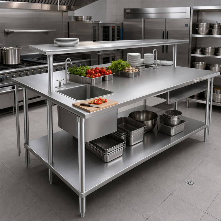 Product image #4 for Advance Tabco 144 x 48-Inch 14-Gauge 304 Stainless Steel Work Table with Open Base and Bullet Feet