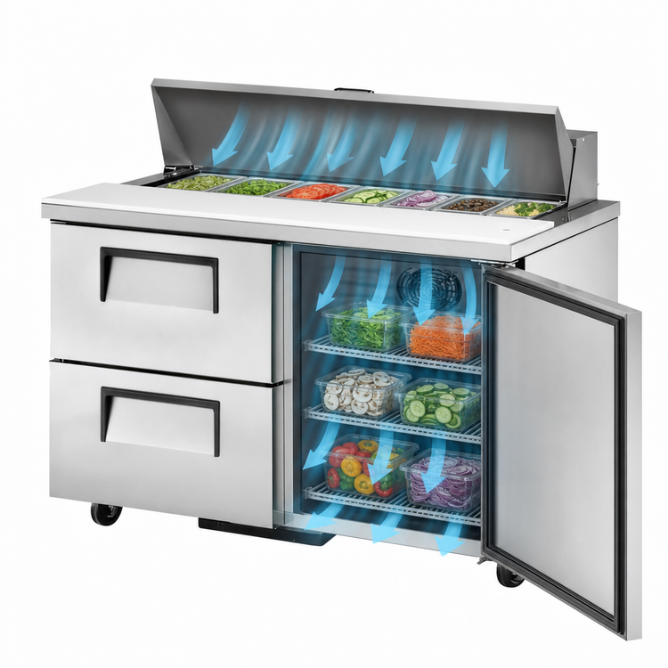 Product image #4 for True 48-Inch Stainless Steel Sandwich/Salad Prep Table Refrigerator with 1 Door, 2 Drawers, and 12 Sixth-Size Pan Top