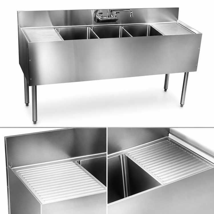 Product image #4 for CHOICE by Glastender C-FSB-96 Four-Compartment Underbar Sink Unit with Dual Drainboards, 96 x 24 Inches