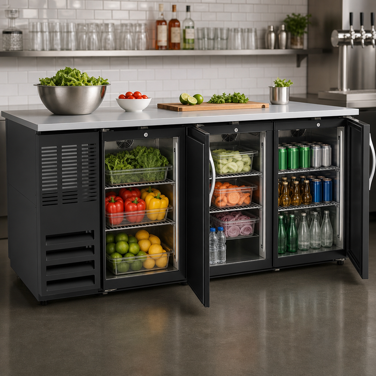 Product image #4 for Beverage Air BB72HC-F-PT-B Three-Section 72-Inch Pass-Thru Food-Rated Back Bar Refrigerator with Solid Doors
