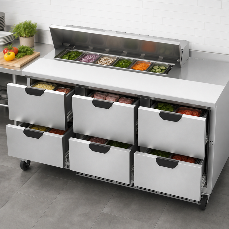 Product image #5 for Beverage-Air Three-Section Sandwich Top Refrigerated Prep Table with 6 Drawers, 72-Inch, 12-Pan Capacity