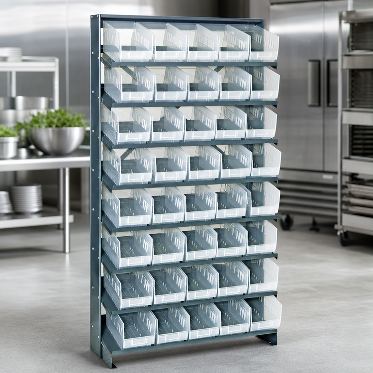 Product image #4 for Quantum Sloped Single-Sided Steel Pick Rack with 8 Shelves and 40 Clear Bins