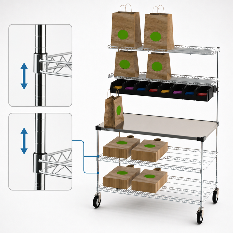 Product image #5 for Metro Chain Reaction Mobile Order Staging Cart / Drive-Thru Station with Solid Stainless Steel Top, 48 x 24 Inch