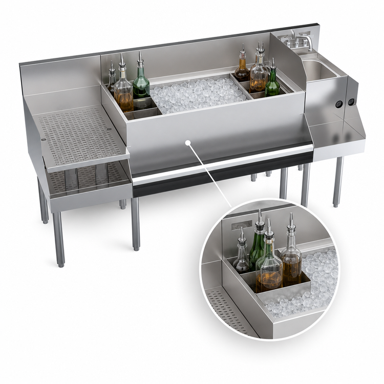 Product image #5 for Krowne Royal Series 66-Inch Recessed Underbar Ice Bin/Cocktail Station with Blender Dump Sink and 10-Circuit Cold Plate