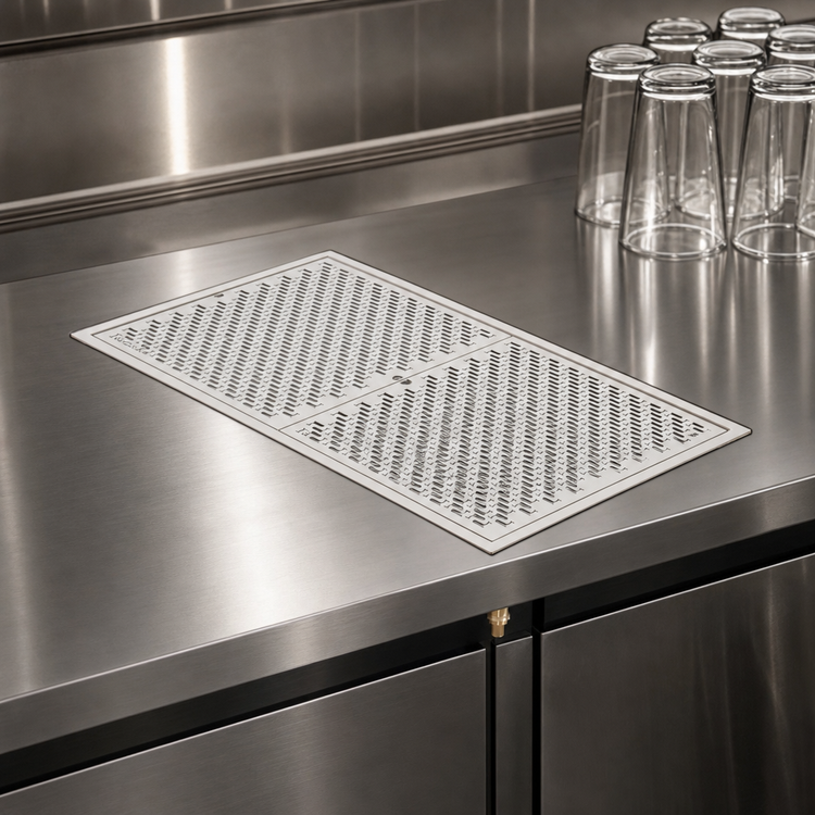 Product image #4 for Perlick Drop-In Stainless Steel Drip Tray Trough with 2 Removable Glass Racks, 42 x 12 Inch