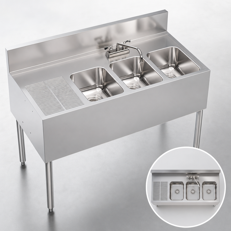 Product image #4 for Krowne Royal Series 48-Inch Three-Compartment Stainless Steel Underbar Sink with Left Drainboard, Right-Hand Bowl