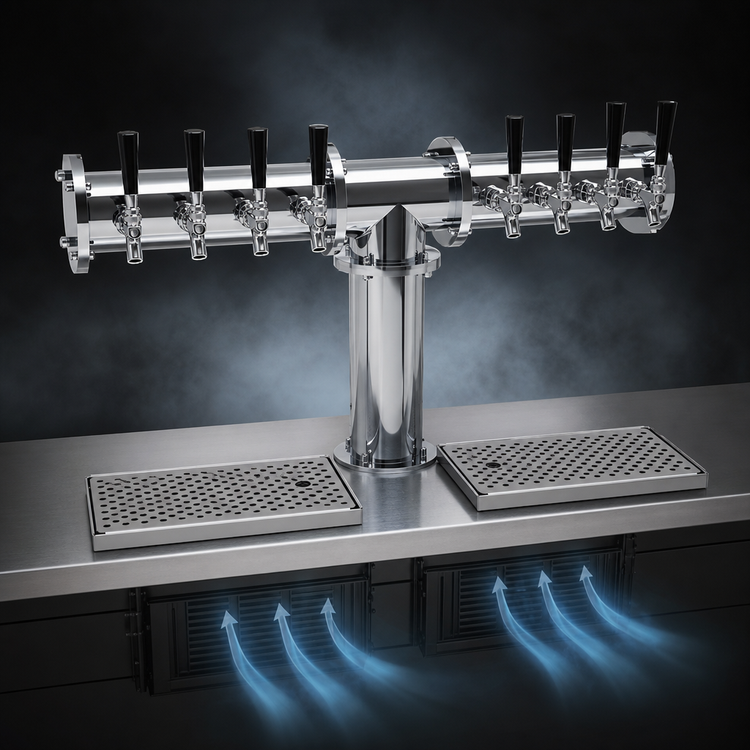 Product image #4 for Glastender Pipe Tee Countertop Air-Cooled Draft Dispensing Tower with 8 Stainless Steel Faucets, Grainline Finish