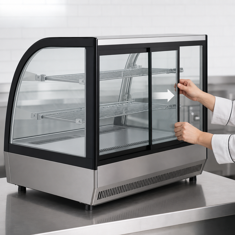 Product image #5 for Atosa Countertop Curved Front Glass Refrigerated Display Case, 3.5 Cu. Ft., Self-Contained, 2 Sliding Doors