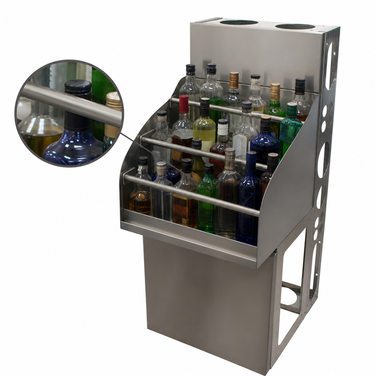 Product image #4 for BK Resources Stainless Steel Underbar Liquor Bottle Display Unit, 24 Inch Wide, 4-Step, Approx. 27-Bottle Capacity