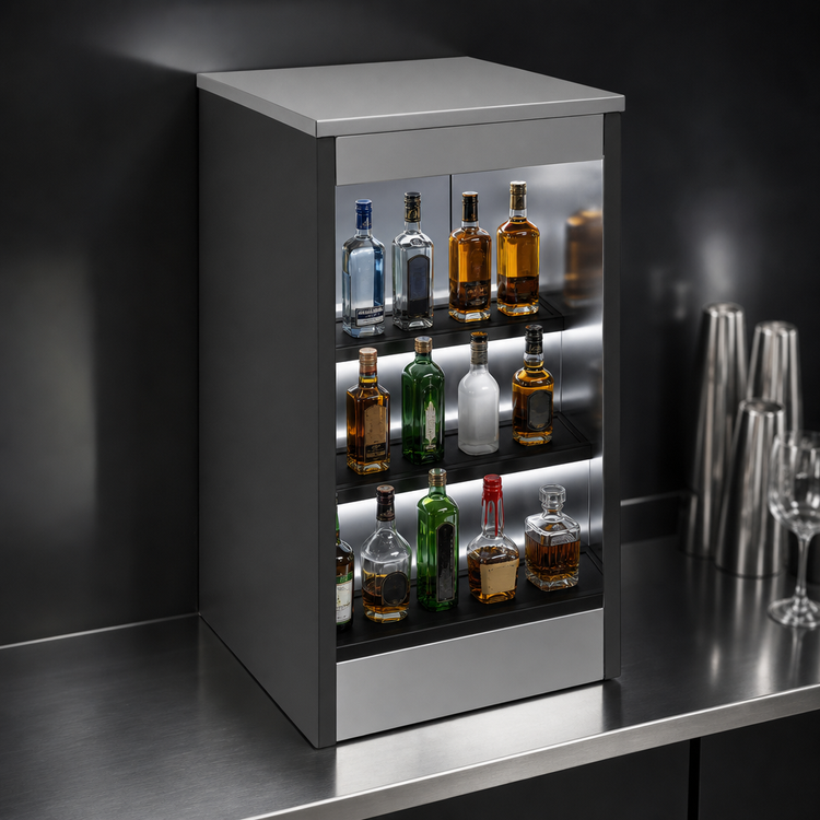 Product image #4 for Glastender 18-Inch Wide Open Front Back Bar Liquor Display Cabinet with 3 Steps and LED Lighting