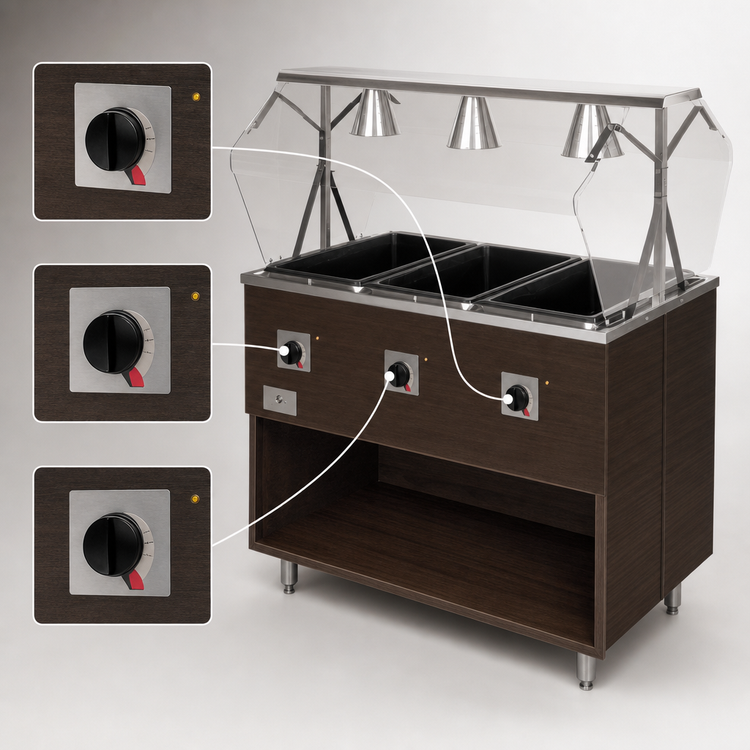 Product image #4 for Vollrath 2-Series Affordable Portable Deluxe 3-Well Mobile Hot Food Station with Open Storage Base, Buffet Breath Guard and Lights, Walnut Woodgrain, 120V