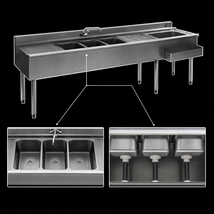Product image #4 for Eagle Group 2200 Series 9-Foot Underbar Combination Unit with Left-Hand Ice Bin, 3 Sink Bowls, and Dual Drainboards