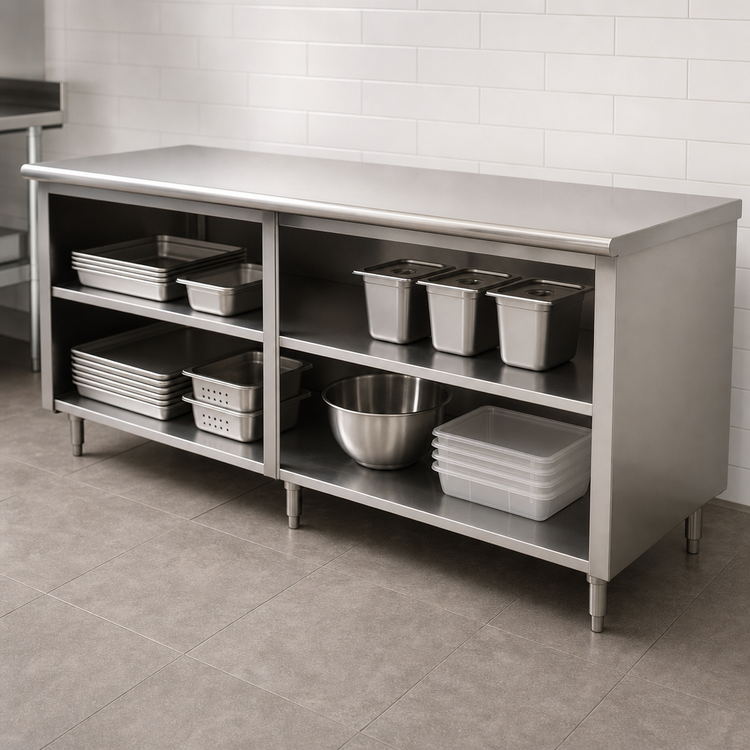Product image #4 for Advance Tabco Special Value Series 84 Inch x 30 Inch Flat Top Open Front Cabinet Base Work Table with Mid-Shelf