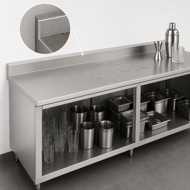 Product image #4 for Open Front Stainless Steel Underbar Work Table with Cabinet Base, 120 x 24 Inches, 5-Inch Backsplash