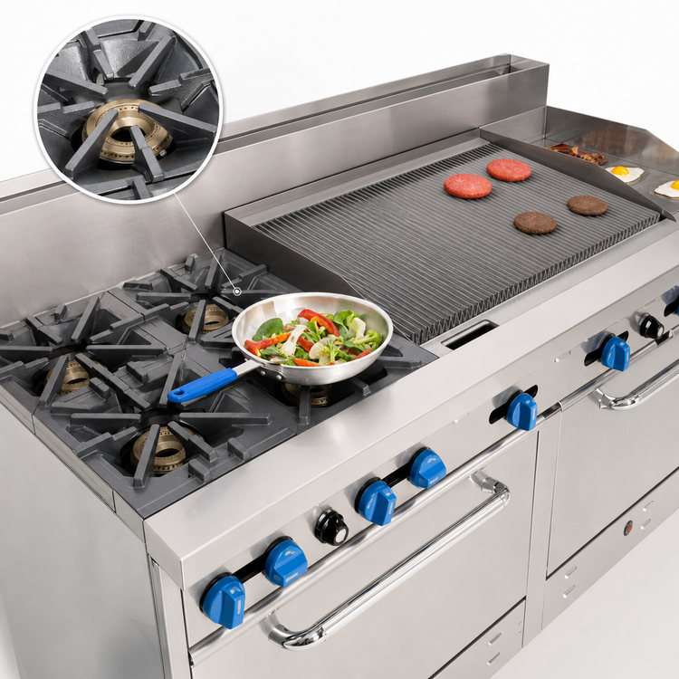 Product image #4 for Comstock-Castle 72-Inch Gas Range with 4 Open Burners, 18-Inch Griddle, 30-Inch Char-Broiler, and 2 Extra-Wide Ovens