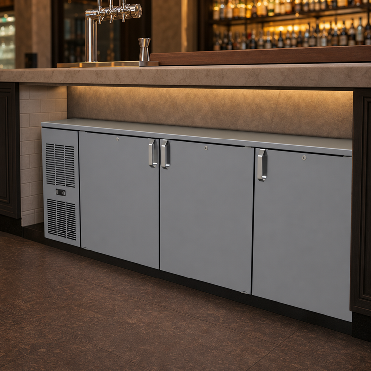 Product image #4 for Glastender C1FL84 84-Inch Front-Serviced Low-Profile Three-Section Solid Door Back Bar Cooler