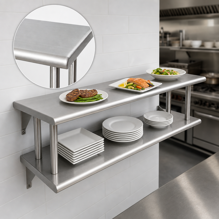 Product image #4 for BK Resources Double-Tier Wall-Mounted Pass-Through Shelf, 108 x 18 Inches, Stainless Steel
