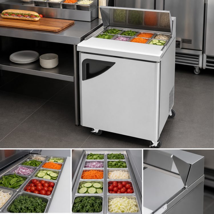 Product image #4 for Turbo Air Super Deluxe 27.5-Inch Wide Sandwich/Salad Prep Table, 1 Door, 8-Pan Opening, Rear-Mounted Self-Contained Refrigeration