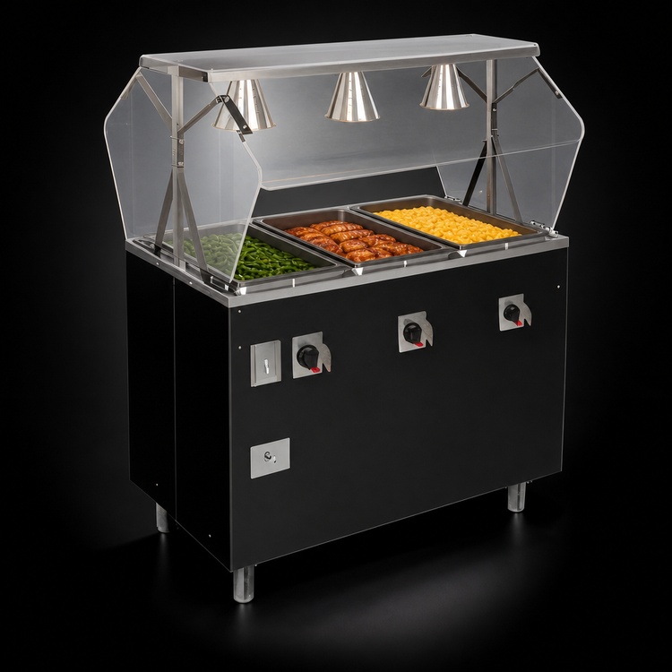 Product image #4 for Vollrath 2-Series Affordable Portable Deluxe 3-Well Mobile Hot Food Station with Buffet-Style Breath Guard and Enclosed Base
