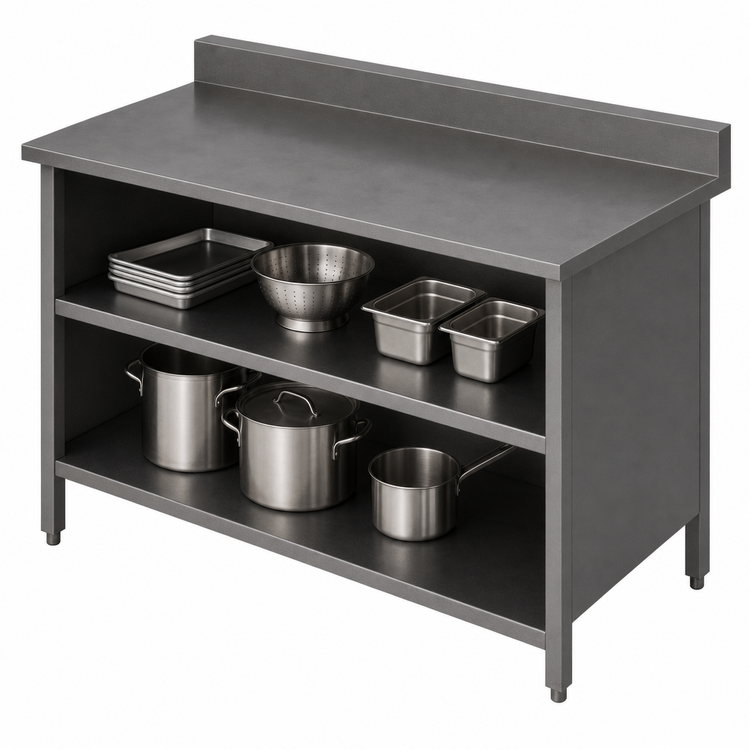 Product image #4 for John Boos 60-Inch x 30-Inch 16-Gauge Stainless Steel Open Front Cabinet Base Work Table with 5-Inch Rear Riser and Undershelf