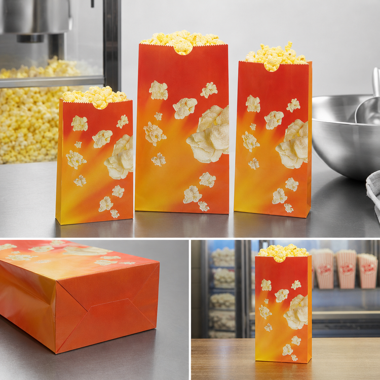Product image #4 for Benchmark 46 oz Orange Coated Flat-Bottom Popcorn Butter Bags, 1,000-Count Case
