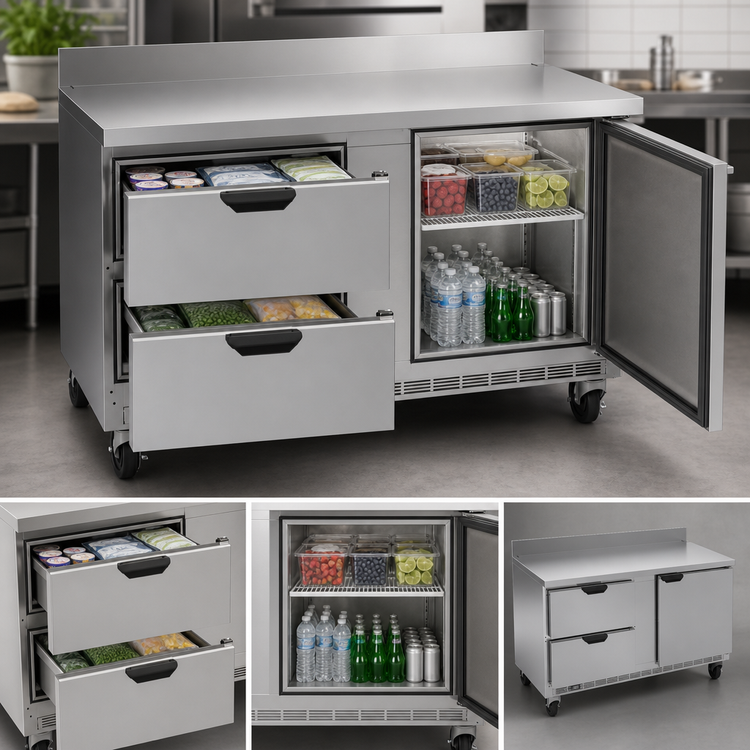 Product image #4 for Beverage-Air 60-Inch Two-Section Worktop Freezer with Drawers and Solid Door, Self-Contained R290, 14.39 Cu. Ft.