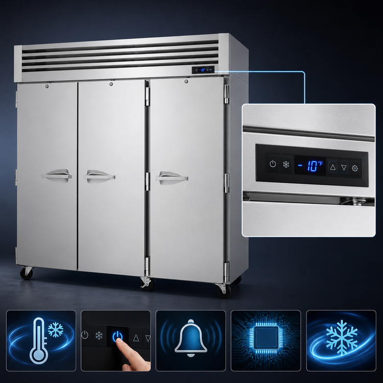 Product image #4 for Turbo Air PRO Series Three-Section Reach-In Freezer with All Left-Hinged Solid Doors, 74.94 Cu. Ft., Top-Mount Self-Contained Compressor