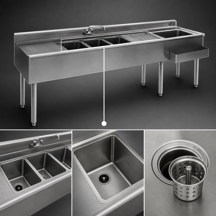 Product image #4 for Eagle 2200 Series 8-Foot Underbar Combination Unit with Left Ice Bin, 3 Sink Bowls and Drainboards