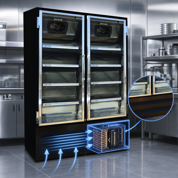 Product image #4 for Howard-McCray GF88BM-B-FF Four-Section Black Hinged Glass Door Frozen Food Merchandiser Freezer, 88 Cu. Ft., Bottom-Mount Self-Contained