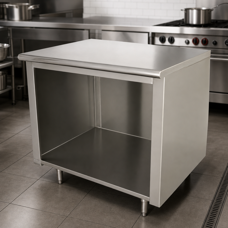 Product image #4 for Advance Tabco 96" x 36" Open Front Cabinet Base Work Table with 14-Gauge 304 Stainless Steel Top