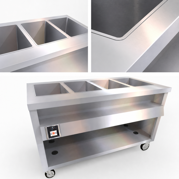 Product image #4 for Thurmaduke TWHF-60PG 60" Mobile Ganged Waterless Well Food Warmer with 4 Heat Wells