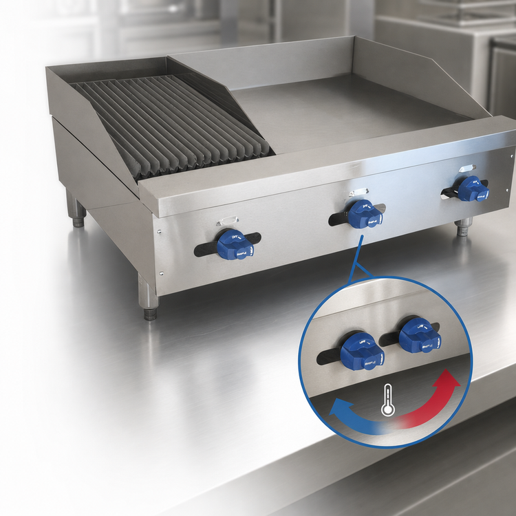 Product image #4 for Comstock-Castle 36-Inch Countertop Gas Char-Broiler/Griddle Combination with 24-Inch Griddle and 12-Inch Radiant Broiler