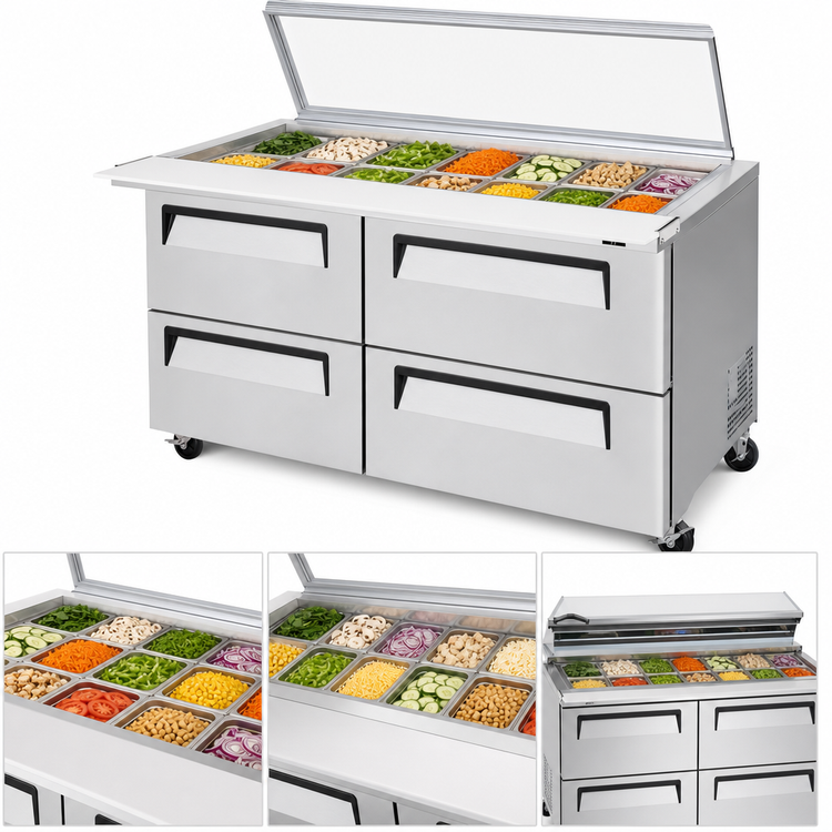 Product image #4 for Turbo Air Super Deluxe 48-1/4-Inch Two-Section Refrigerated Mega Top Sandwich/Salad Prep Table with Glass Lid and 4 Drawers