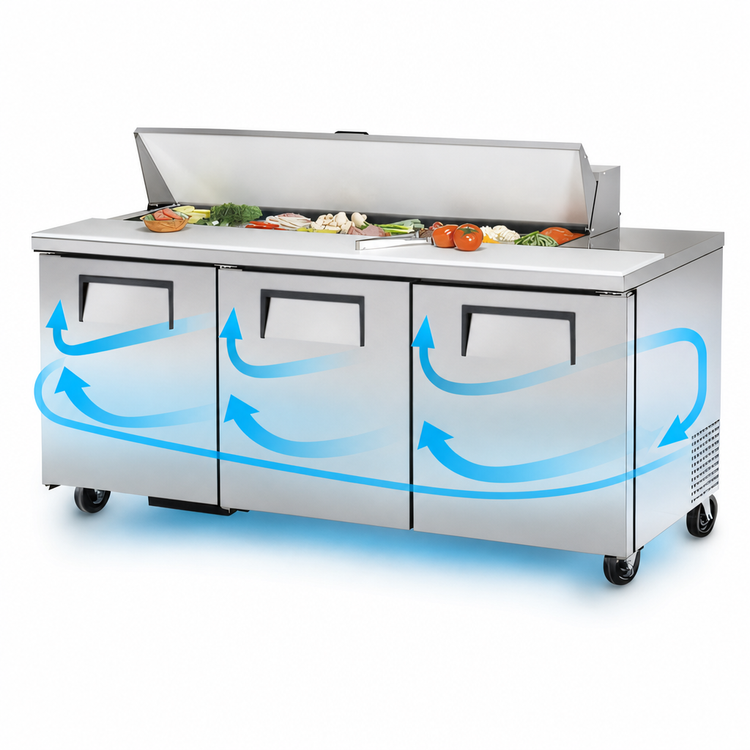 Product image #4 for True TSSU-72-16-HC 72-Inch 3-Door Solid Door Sandwich/Salad Prep Table with 16 1/6-Pan Capacity and Rear-Mounted Self-Contained Hydrocarbon Refrigeration