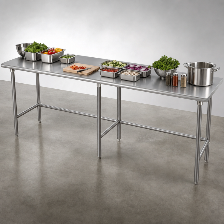 Product image #4 for Advance Tabco 144 Inch x 30 Inch 16 Gauge 304 Stainless Steel Open Base Work Table with Side and Rear Crossrails